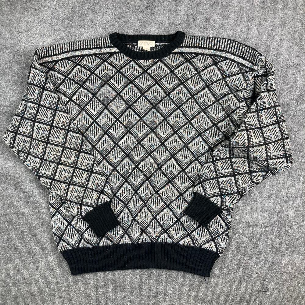 Cattivo Sweater Mens 2XLT Black White Geometric Knit Crewneck Vintage Style‎